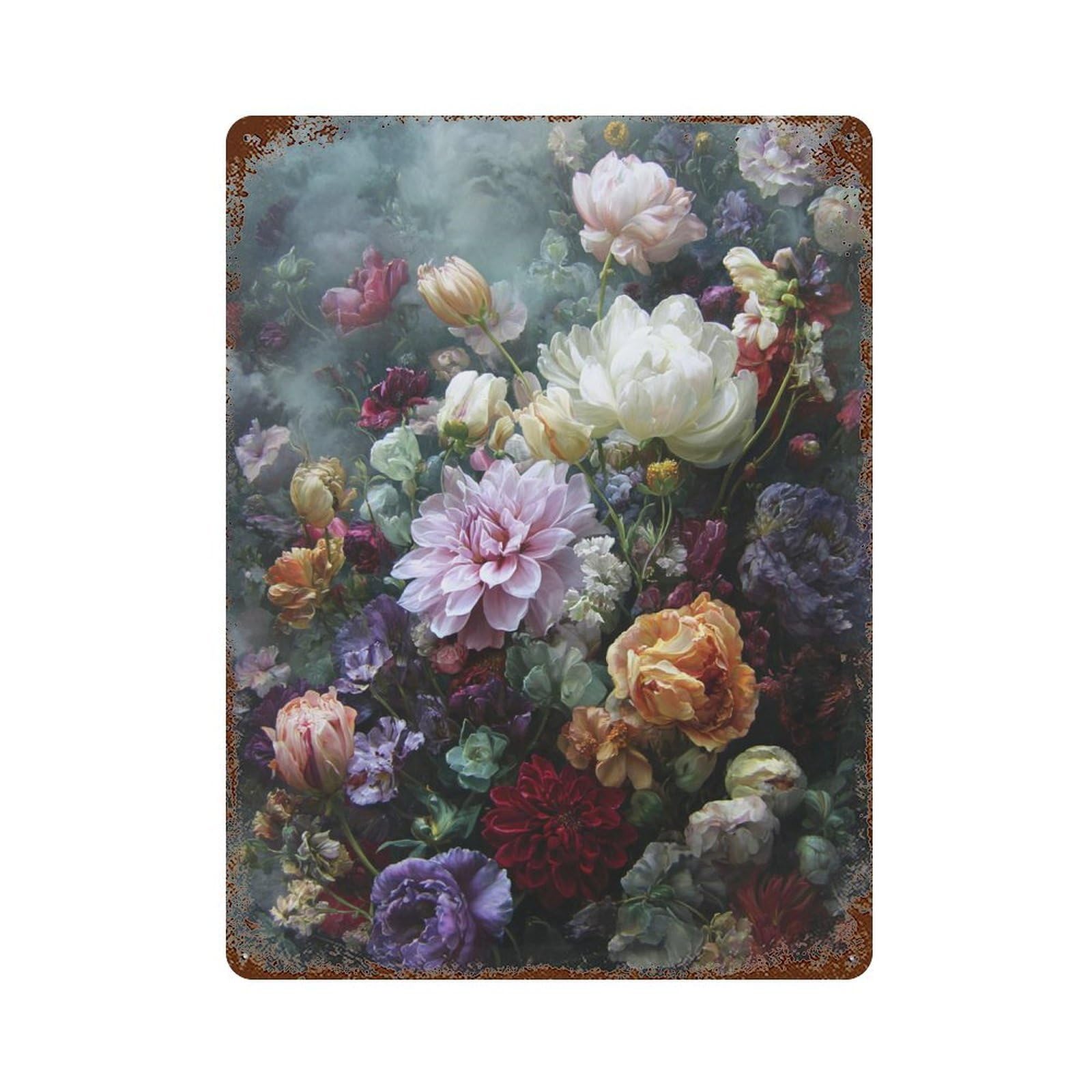 Rust Effect Floral Fantasy A Bouquet of Dreams Distressed Metal Wall Sign 15.7"x11.8", Farmhouse Wall Decor for Office, Studio And Wall Decor