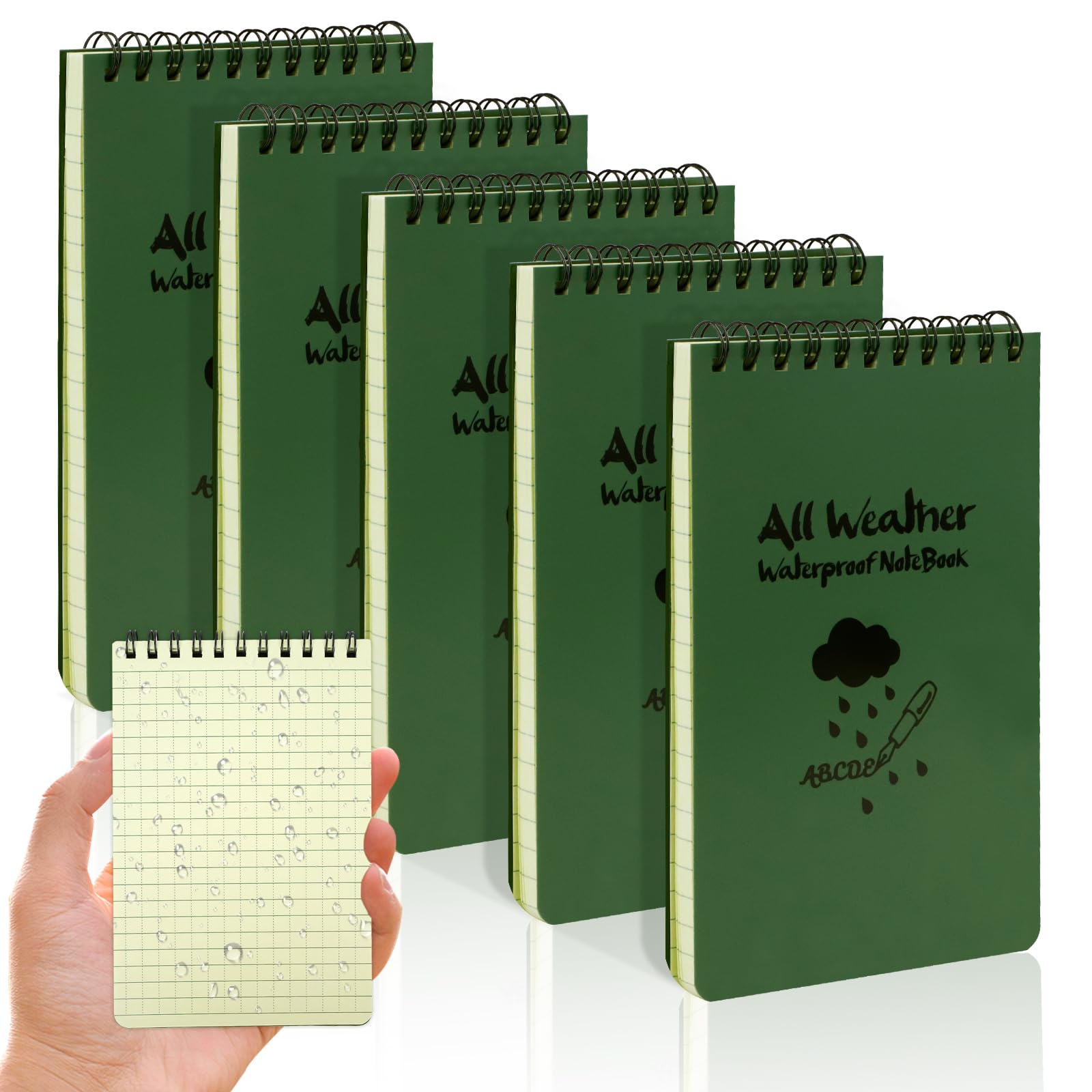 Pocket Weatherproof Top Spiral Notebook, Waterproof Tactical Green Cover Memo Grid Paper Steno Notepad, Write in the Rain Notebook for Outdoor Activities Recording, 4InX6In