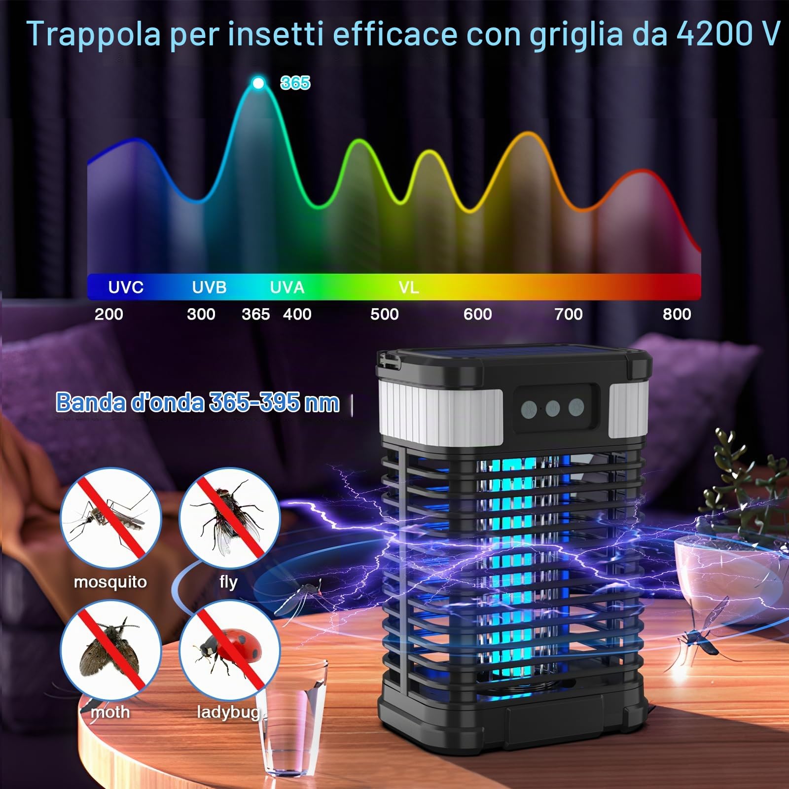 Insetticida a energia solare, lampada elettrica per zanzare, ricaricabile USB, impermeabile, 4200 V, luce UV, non tossica, per interni ed esterni
