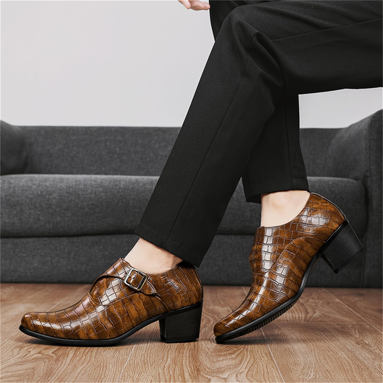 Scarpe Eleganti con Tacco Alto da Uomo Scarpe da Festa in Pelle con Punta A Punta Scarpe da Ballo Casual con Cinturino E Tacco A Blocco