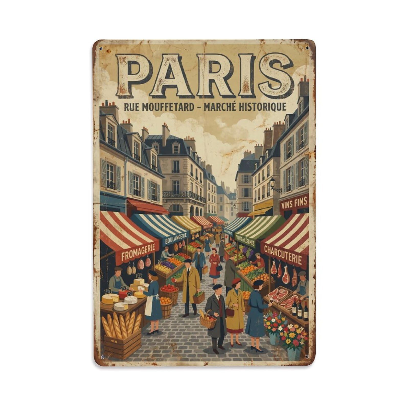 Vintage Travel Paris Rue Mouffetard Market Street Rusted France Metal Tin Sign Plaque Wall Decor for Cafe, Club Bar, Office, Home Garden Metal Poster 8x12Inch