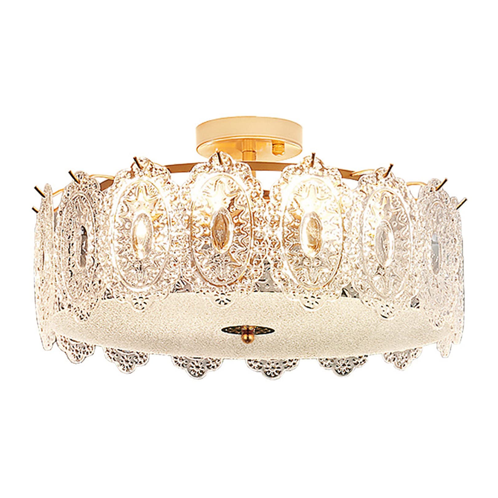 Plafonnier avec abat-jour en verre feuille vintage et suspension cristal 5, 6 ou 8 feux