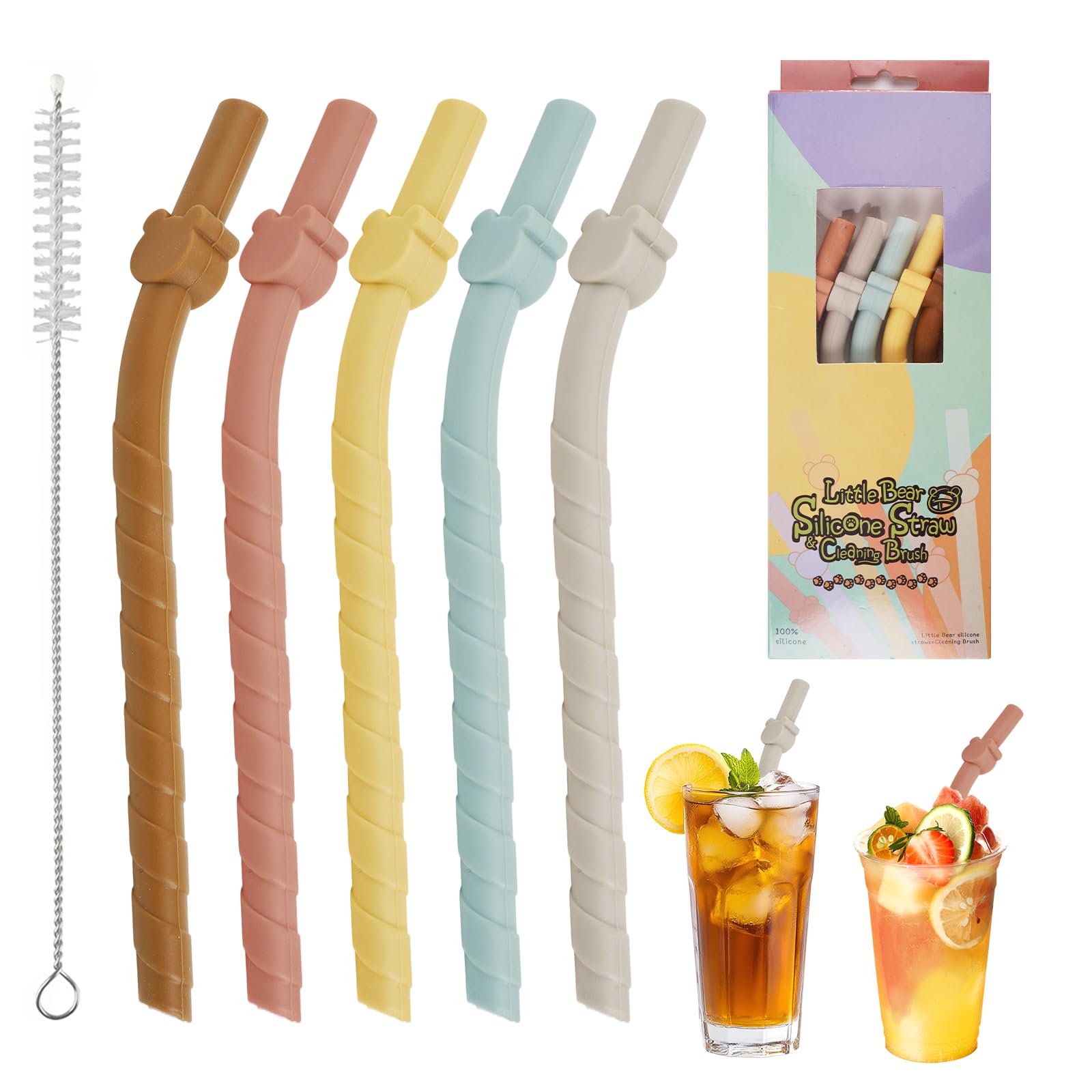 Walfos Cannucce riutilizzabili in silicone – Cannucce lunghe flessibili per frullati, frullati, 4 cannucce grandi + 4 cannucce regolari senza BPA, spazzole per la pulizia + 1 custodia