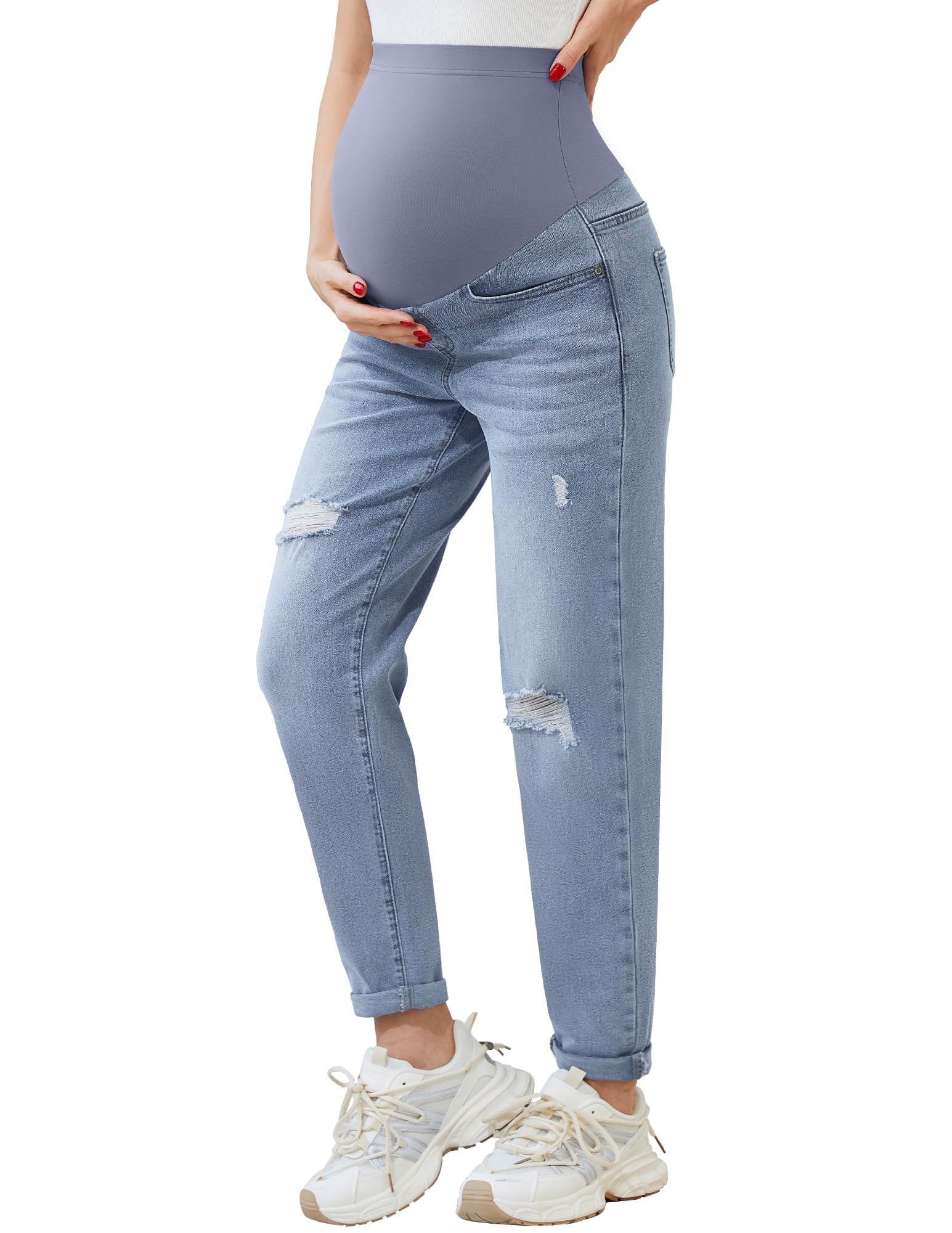 POSHGLAM Women's Maternity Jeans Over Belly Comfy Stretch Boyfriend Jeans Loose Pregnancy Pants, S-XXL