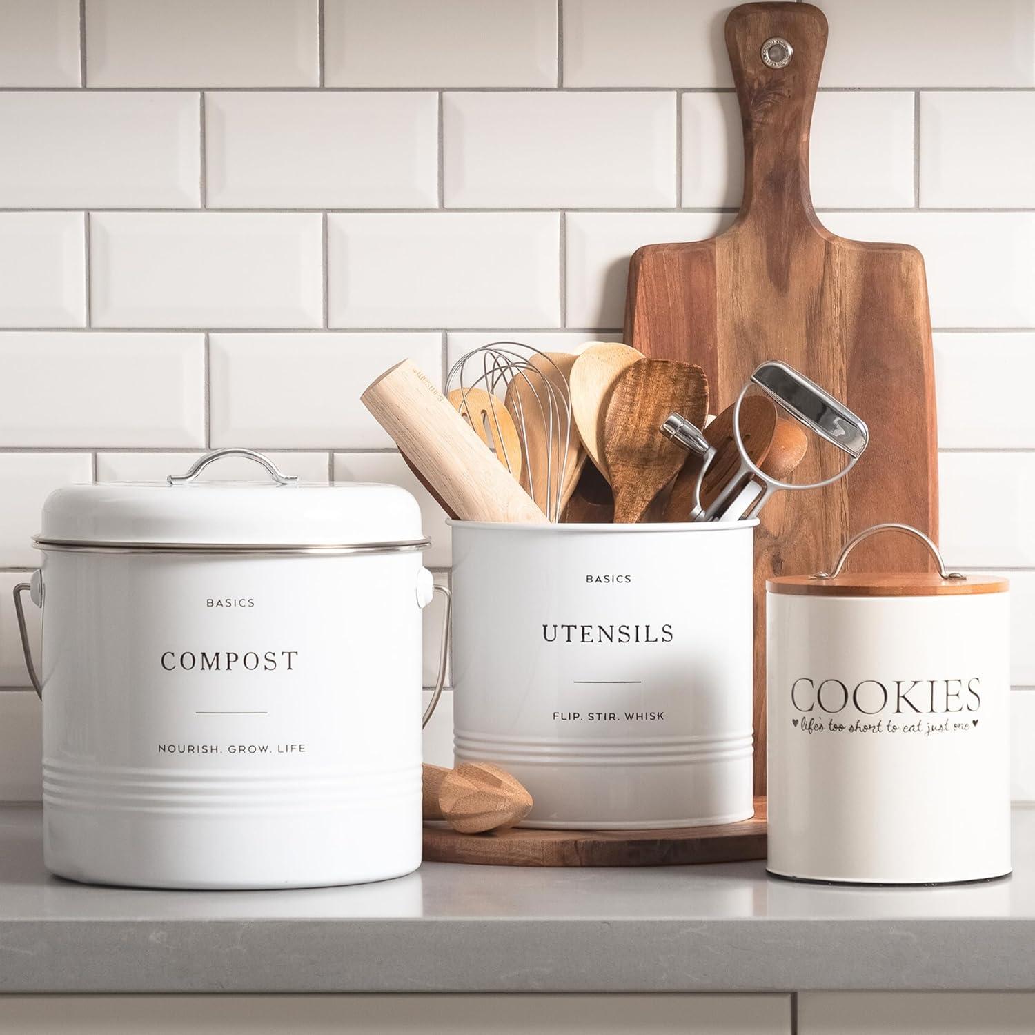 D'Lifeful Kitchen Utensil Holder for Countertop - 7" x 7" Large Utensil Holder for Kitchen Counter - Farmhouse Spatula & Cooking Tools Organizer - White Metal Crock for Modern Aesthetics - Image 6