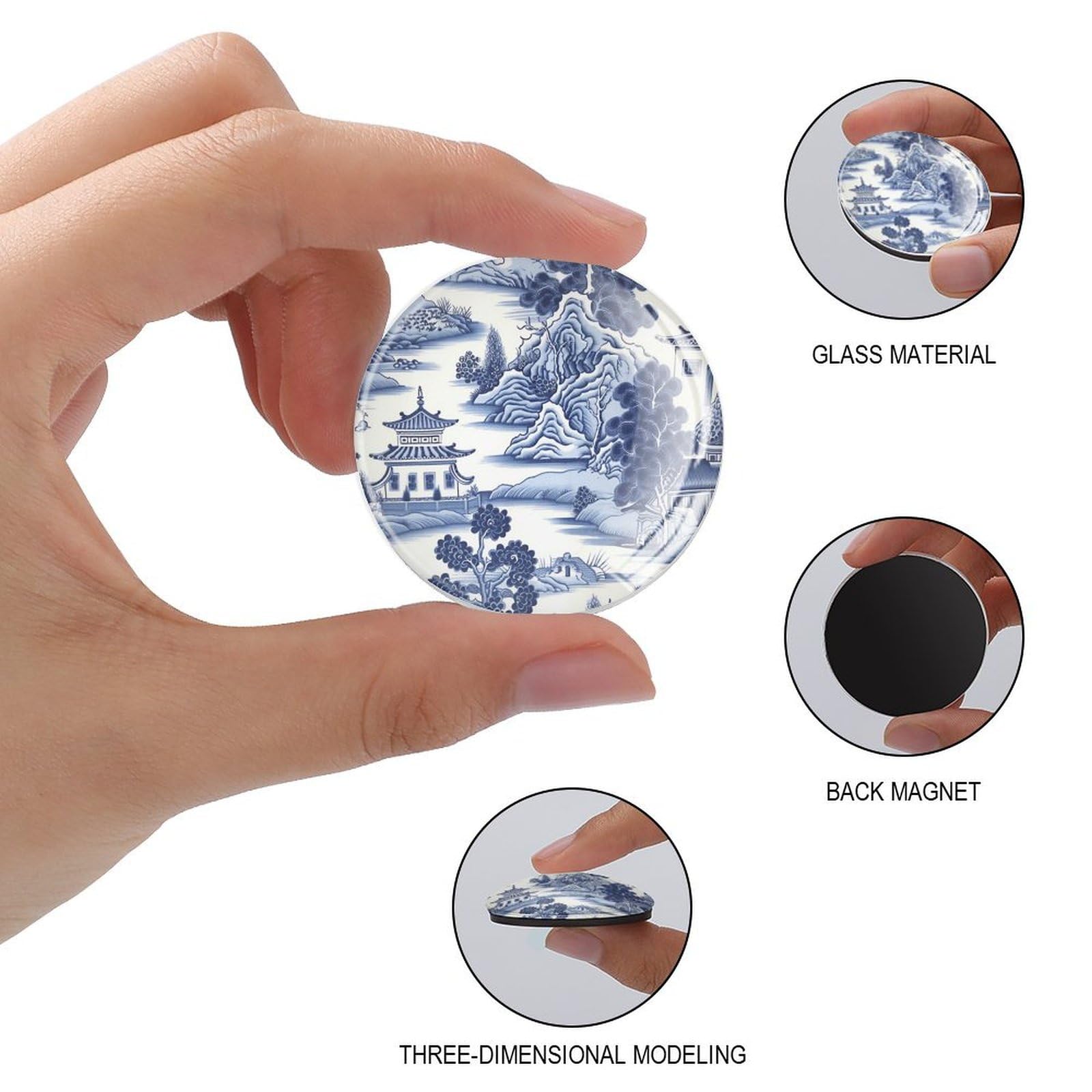 Nanjing - Calamite da frigorifero in vetro blu e bianco a forma di cineserie, magneti asiatici cinesi per frigorifero, lavastoviglie, decorazione per lavagna bianca, 4 pezzi