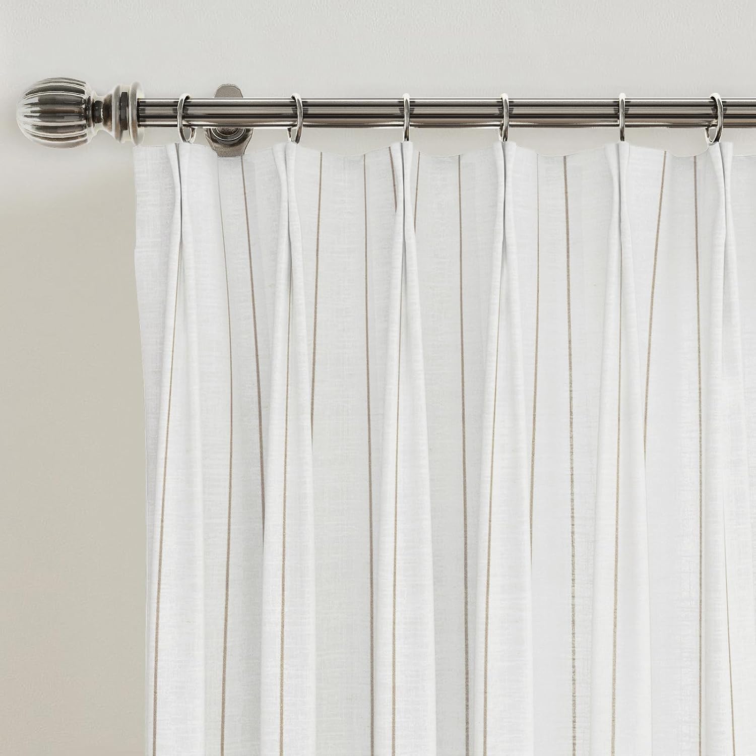 TWOPAGES Stefana Silber x Interior Designer Drape, Pinch Pleat Striped Gray Beige Linen Curtain Panel Drape for Living Room Bedroom Light Filtering Curtain, 72 W x 102 L Inch, 1 Panel Wide Stripe