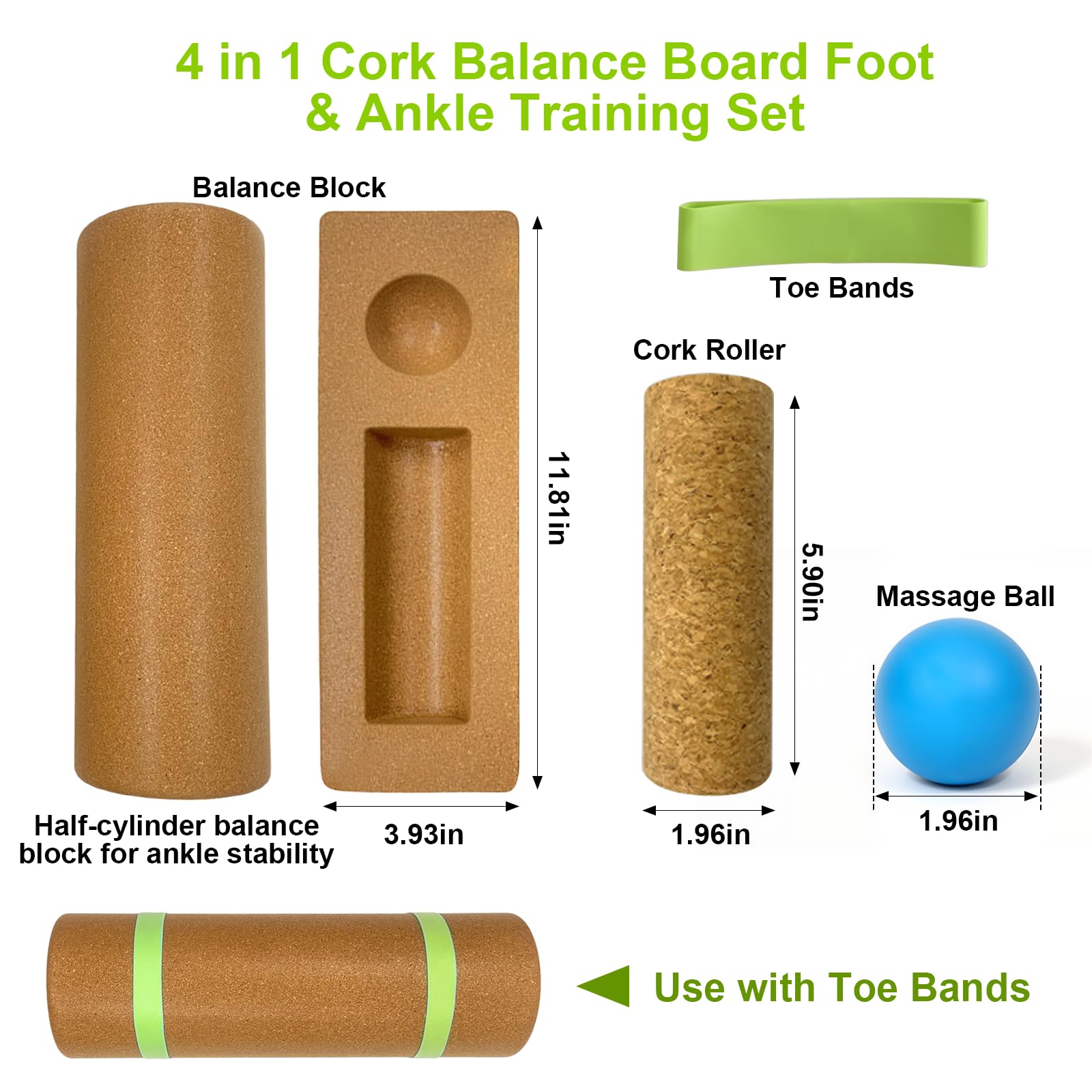 4 in 1 Kork Balance Board Set - Fußstärker & Knöchelstabilitätstrainer mit Roller, Massageball & Zehenbänder - Sturzprävention Kompaktes Wackelbrett für Heimphysio, Büro & Senioren