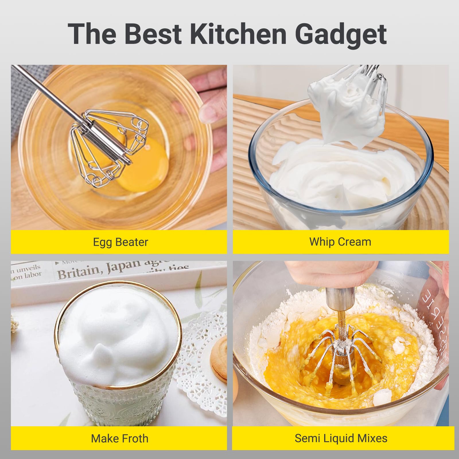 JLiup Egg Whisk,2025 Upgraded Stainless Steel Semi Automatic Whisk,Hand Wisk Egg Beater Easy to Use for Making Cream, Blending, Whisking, Beating & Stirring (12 Inch) - Image 7