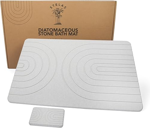 STELAS Tapetes de baño de piedra con bandeja de jabón, tapetes de baño de arco bohemio gris para suelo de baño, tapete de baño de piedra de ducha