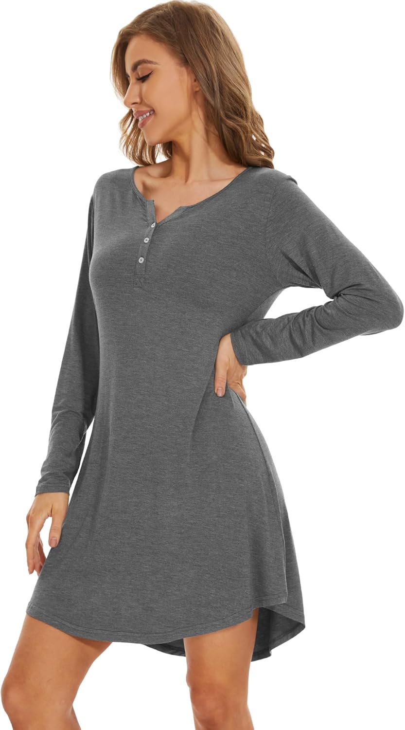 WiWi Women's Viscose from Bamboo Nightgown Long Sleeve Nightshirt Soft Sleep Dress Loose Comfy Pajama Sleepwear S-XXL - Image 3