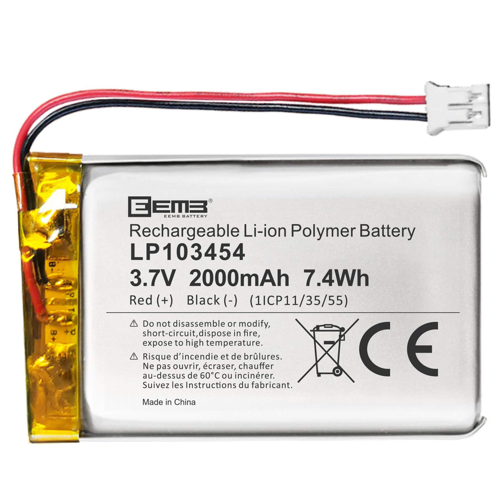 EEMB 3,7V 2000mAh Batteria Litio Polimero 103454 con connettore JST2.0
