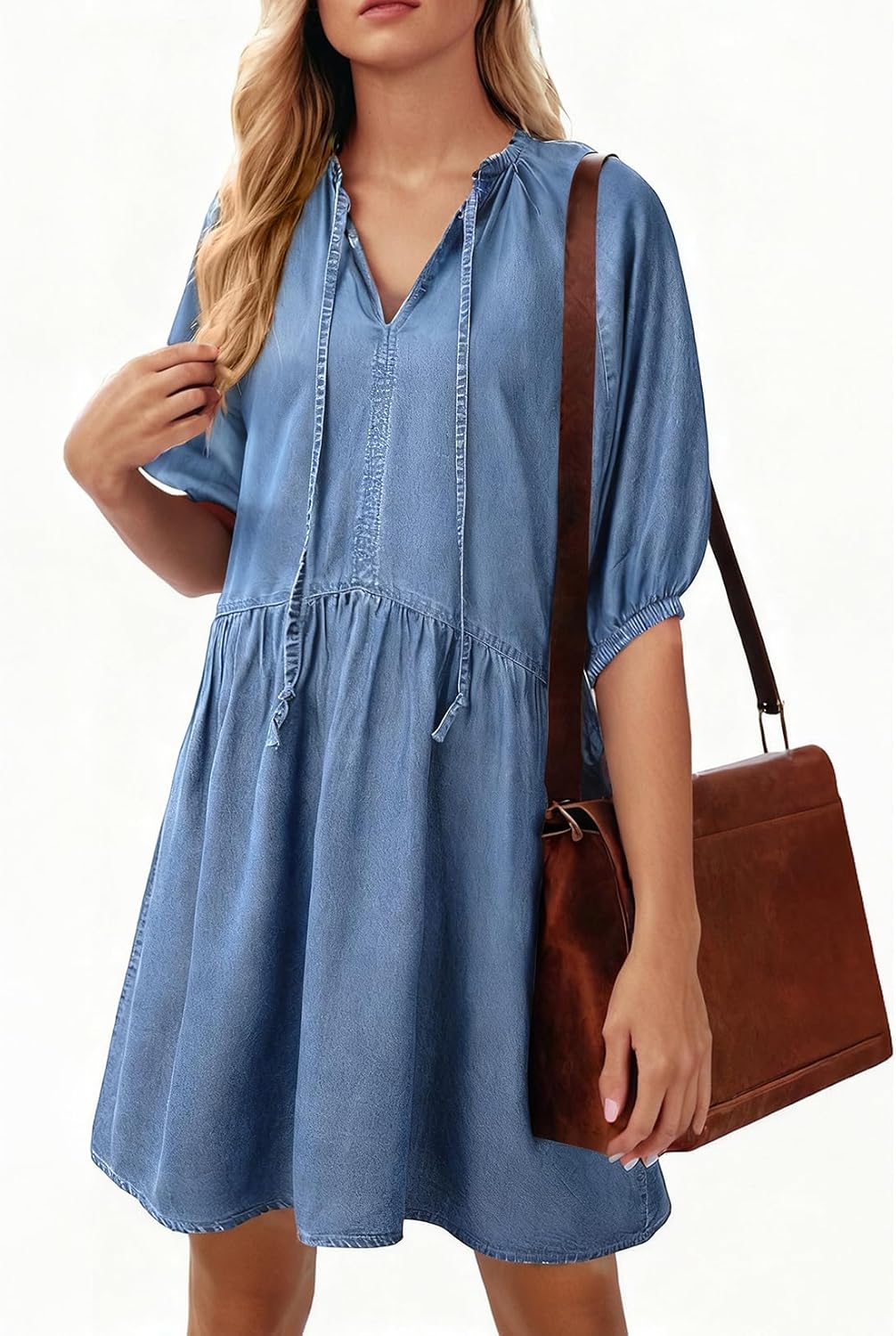 Dokotoo Denim Dress for Women Short Puff Sleeve V Neck Solid Babydoll Jean Dresses
