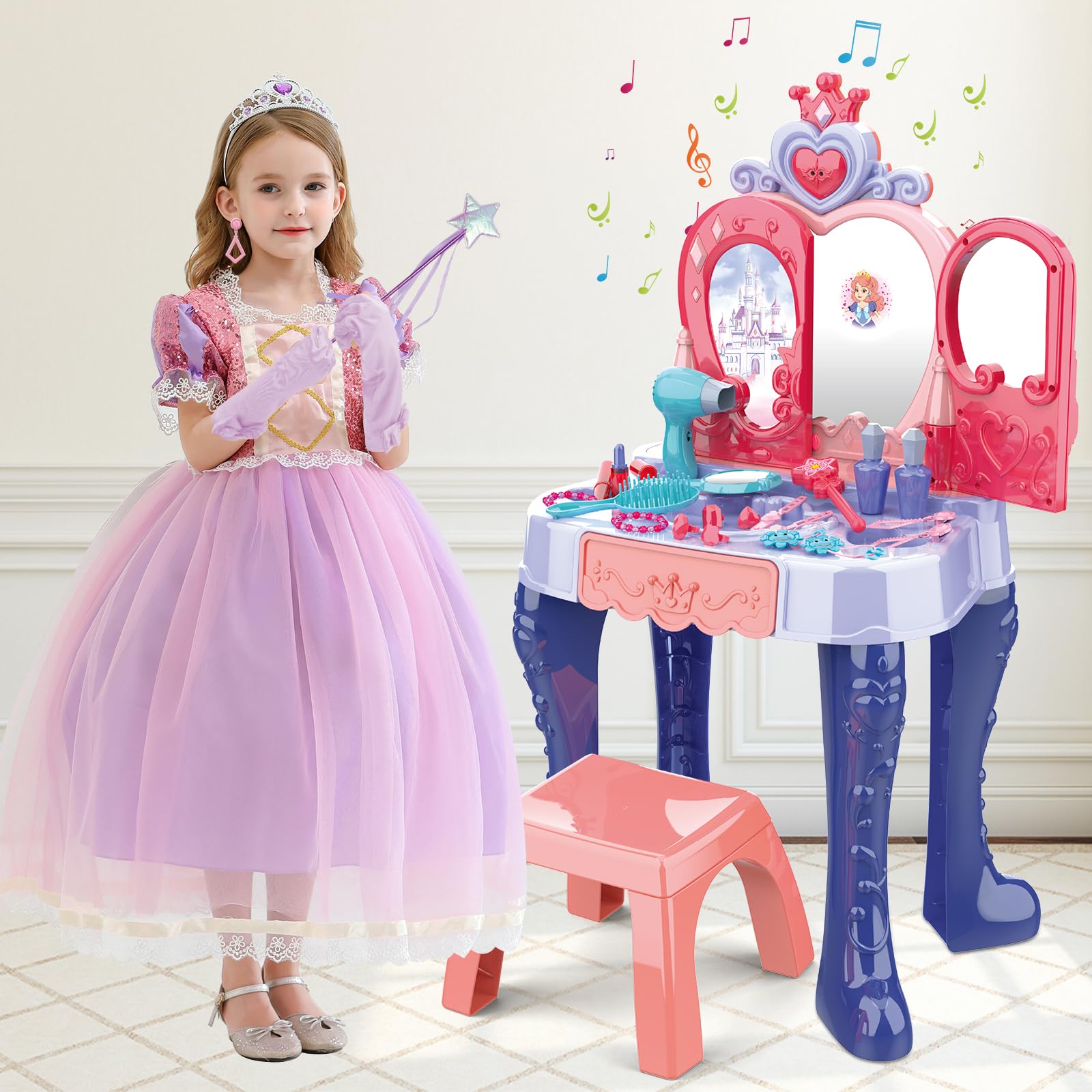 deAO Coiffeuse Enfant avec Miroir Tabouret et Accessoires, Coiffeuse pour Filles avec Lumière et Musique, Ouverture de la Porte par Induction, Kit de Maquillage pour Filles à Partir de 3 Ans - Bleu