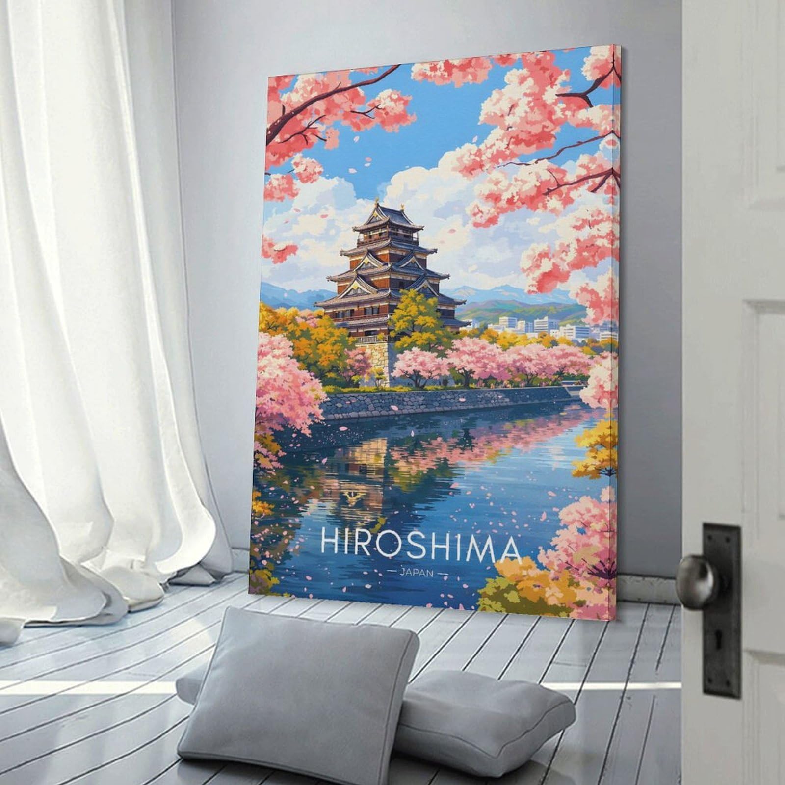 Junmoney Canvas Wall Decor Hiroshima Castle with Cherry Blossoms, 24x36inch(60x90cm), for Bedroom, Guest Room Or Reading Nook, Decorative Wall Art for Cosy Rooms