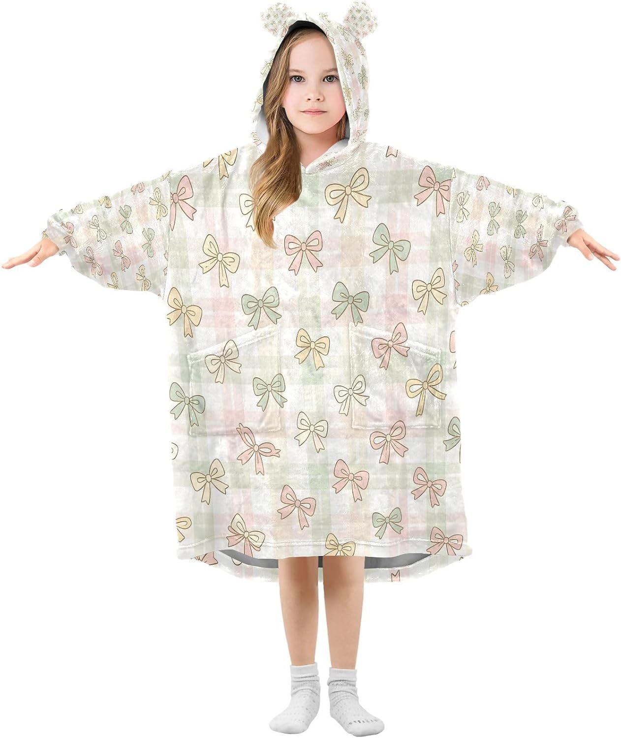 Kigai Bows Wearable Blanket Hoodie for Kids Oversized Hooded Blanket Warm & Cozy Sweatshirt with Pockets
