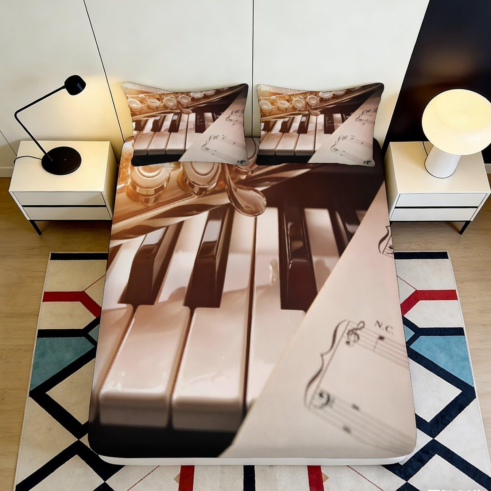 3D Printed Saxophone and Piano Fitted Sheet Microfiber Soft Breathable Music Notes Bed Cover for Bedroom Dormitory Guest Room Mattress Protection Decor 140x200x25cm