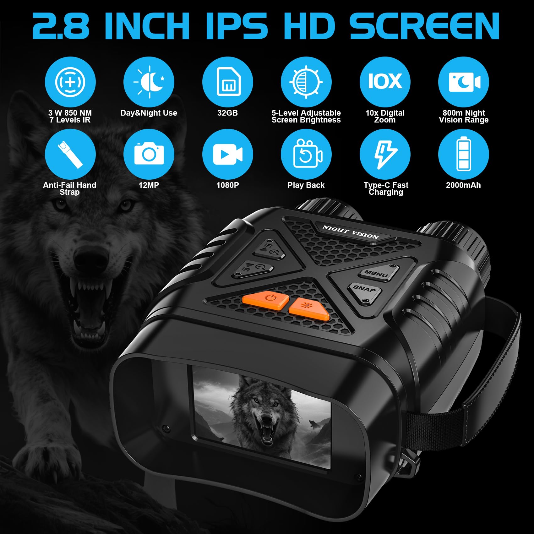Visore Notturna, 2.8"HD Display, 10X Digitale Zoom 7-Livelli Infrarossi, 800M Visione con Batteria Ricaricabile da 2000mAh, Con per la Caccia, Birdwatching, Campeggio