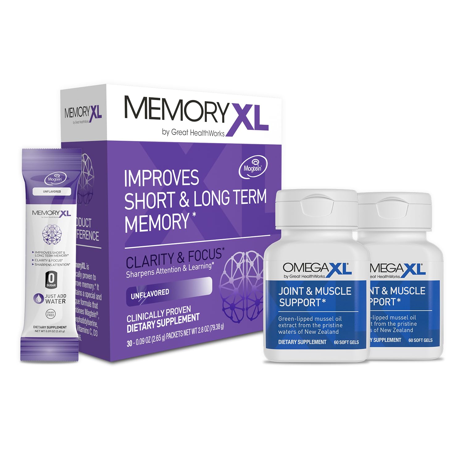 Joint Support Supplement for Relief - Natural Muscle Support, Green Lipped Mussel Oil, 60 Count (2 Pack). MemoryXL, Magnesium L-Threonate Brain Supplement - Memory & Focus Unflavored 30 Pack