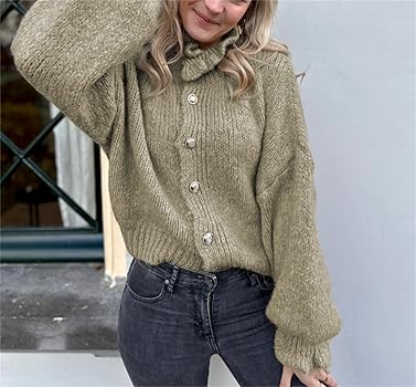 Women Knitted Ruffle Cardigan Long Ruched Sleeve High Neck