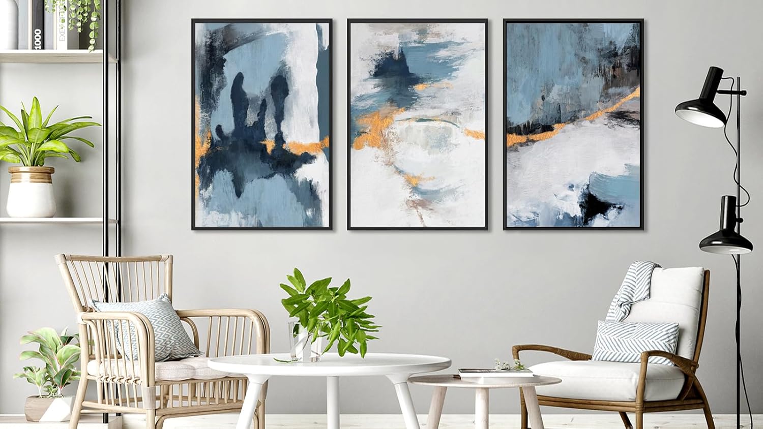 Large Framed Abstract Wall Art - Natural Framed Canvas Pictures for Living Room Modern Canvas Prints Grey Blue for Bedroom, Black Float Frame Art for Home Office Kitchen Decor 24" X 36" X 3pcs - Image 8