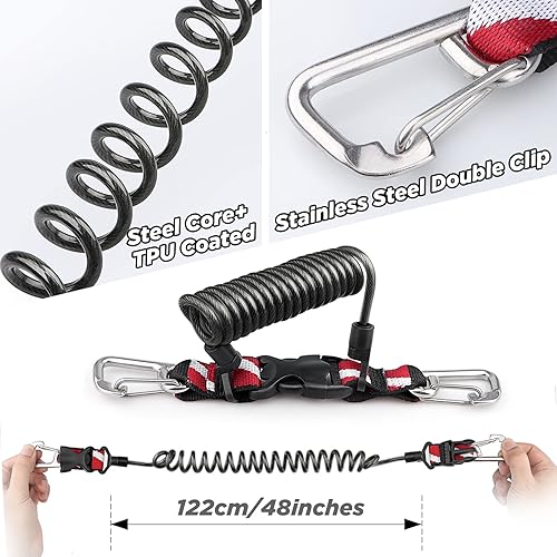 Miniatura 4 de OVOVFANY Cordón retráctil para buceo, acero inoxidable 316 de doble clip y núcleo en espiral, cordón antipérdida con hebilla de liberación rápida y