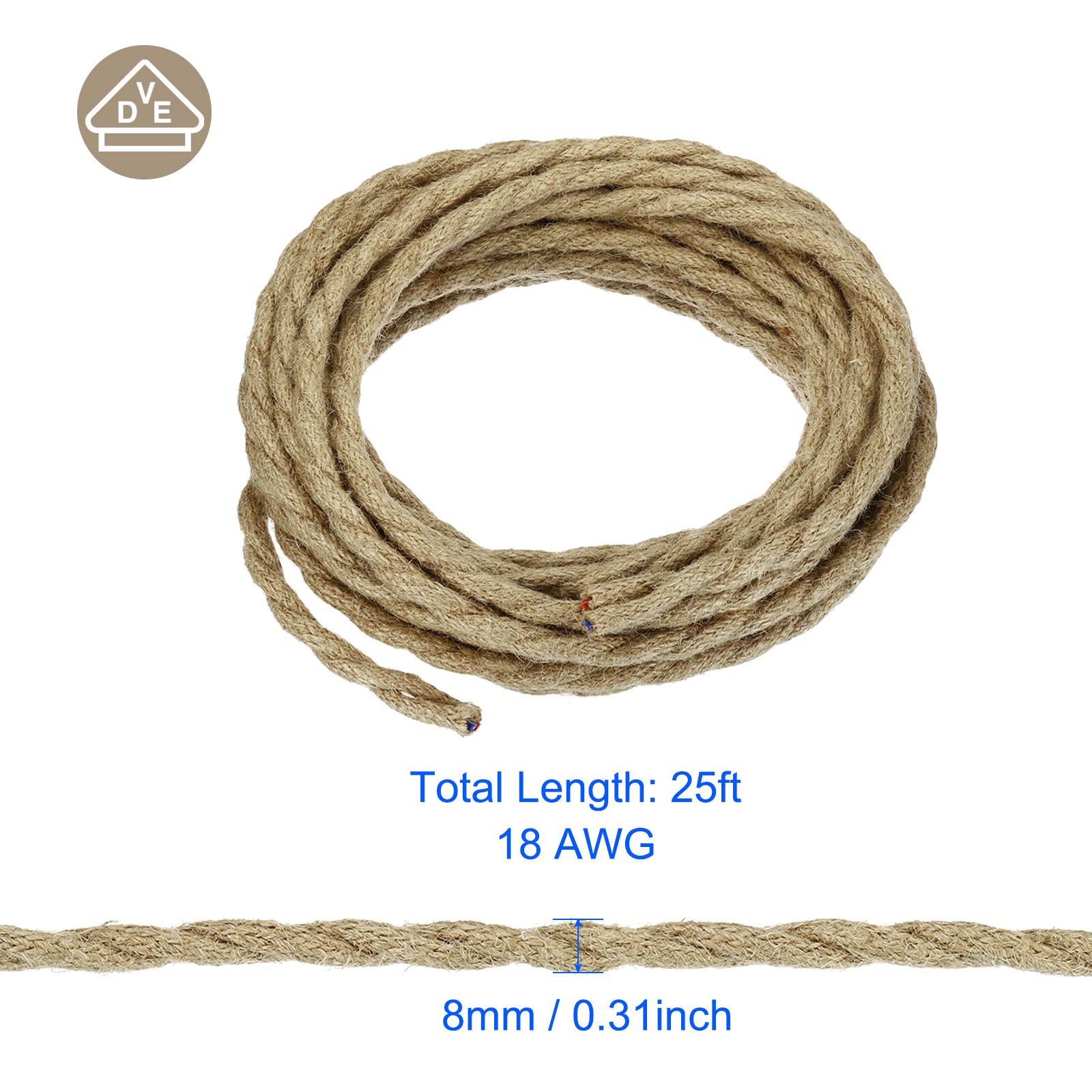 Cordon électrique Torsadé Vintage 25ft (7,62m) 18AWG, Style Industriel, Homologué UL