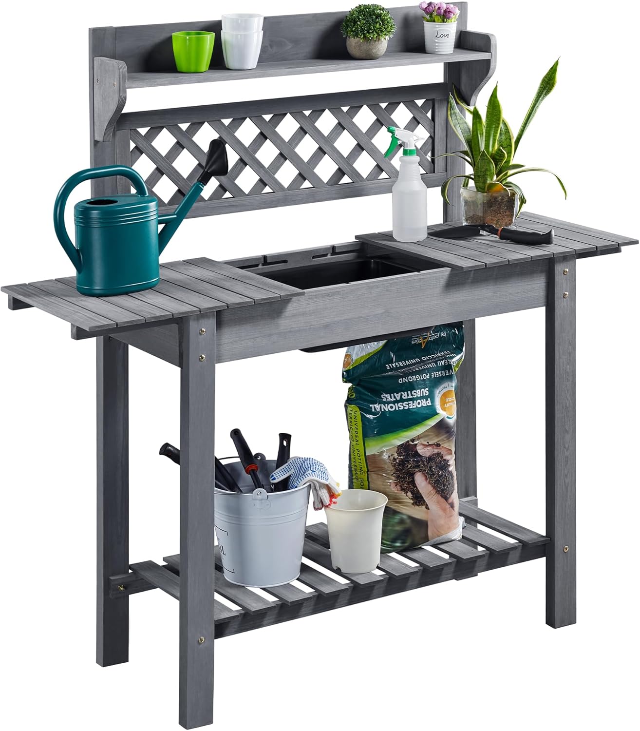 Topeakmart Potting Table Wood Workstation Table w/Sliding Tabletop w/Removable Dry Sink Storage Shelves Outdoor Garden Work Benches Station Planter Bench for Backyard Patio Gray