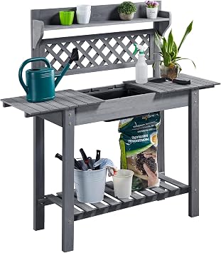 Topeakmart Potting Bench with Sink, Outdoor Work Bench, Storage Table,Gray | Removable dry sink, sliding tabletop and storage shelves make this potted plant workbench practical for patios and backyards.