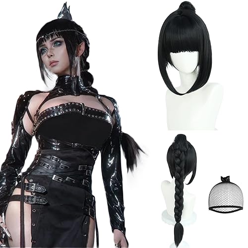 JoneTing Black Braided Wig【+Hair Cap】 Long Black Ponytail Wigs with Braids for Women Shadow Cosplay wig Blacked Ponytail Wig Long Braided Wig BG3 Cosplay Wig for Party Shadow Costume Outfit Halloween - Black