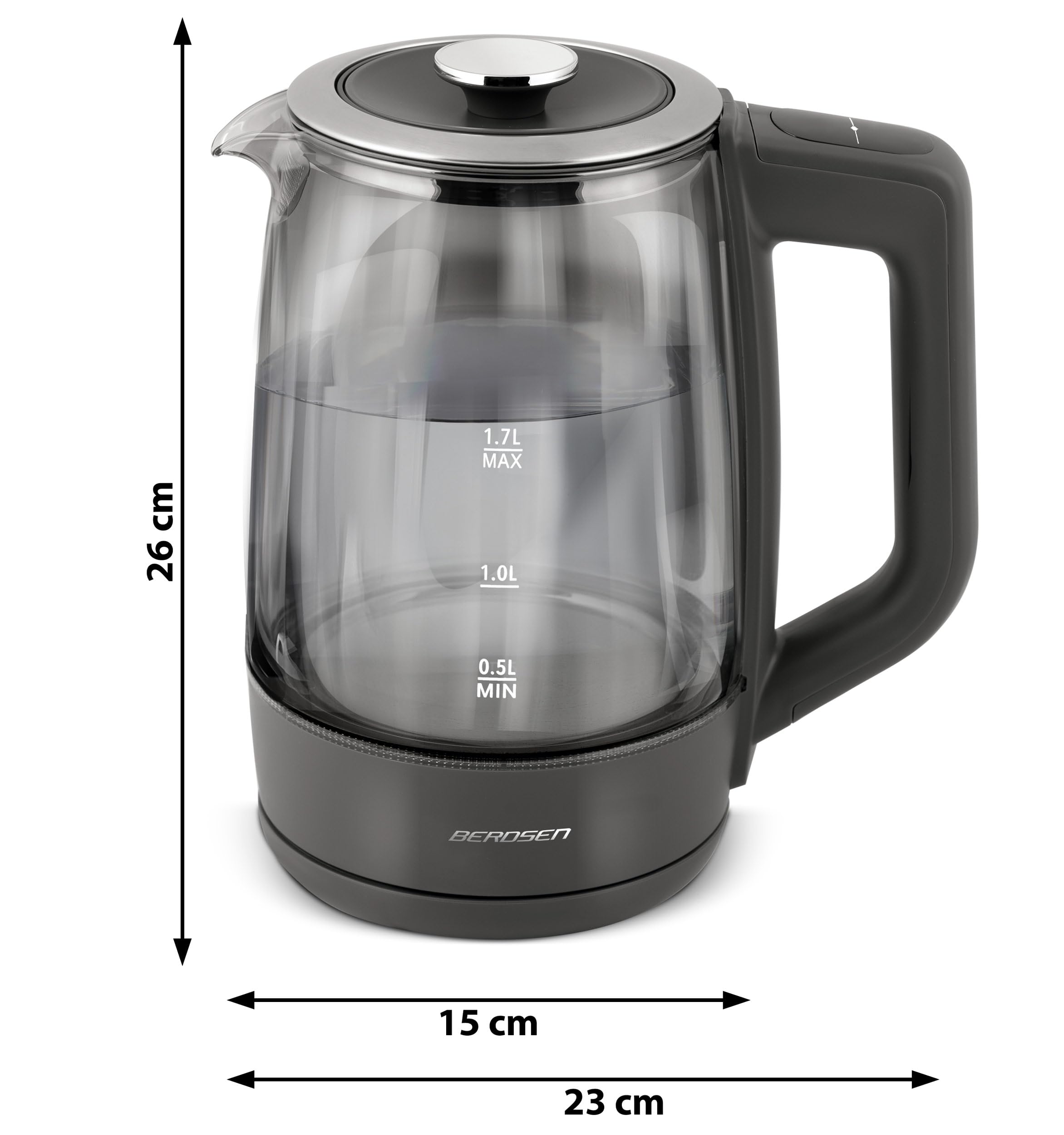Berdsen Hervidor de agua con ajuste de temperatura, cristal de borosilicato, 1,7 L, función de mantenimiento del calor, panel táctil, indicador de temperatura, iluminación interior gris