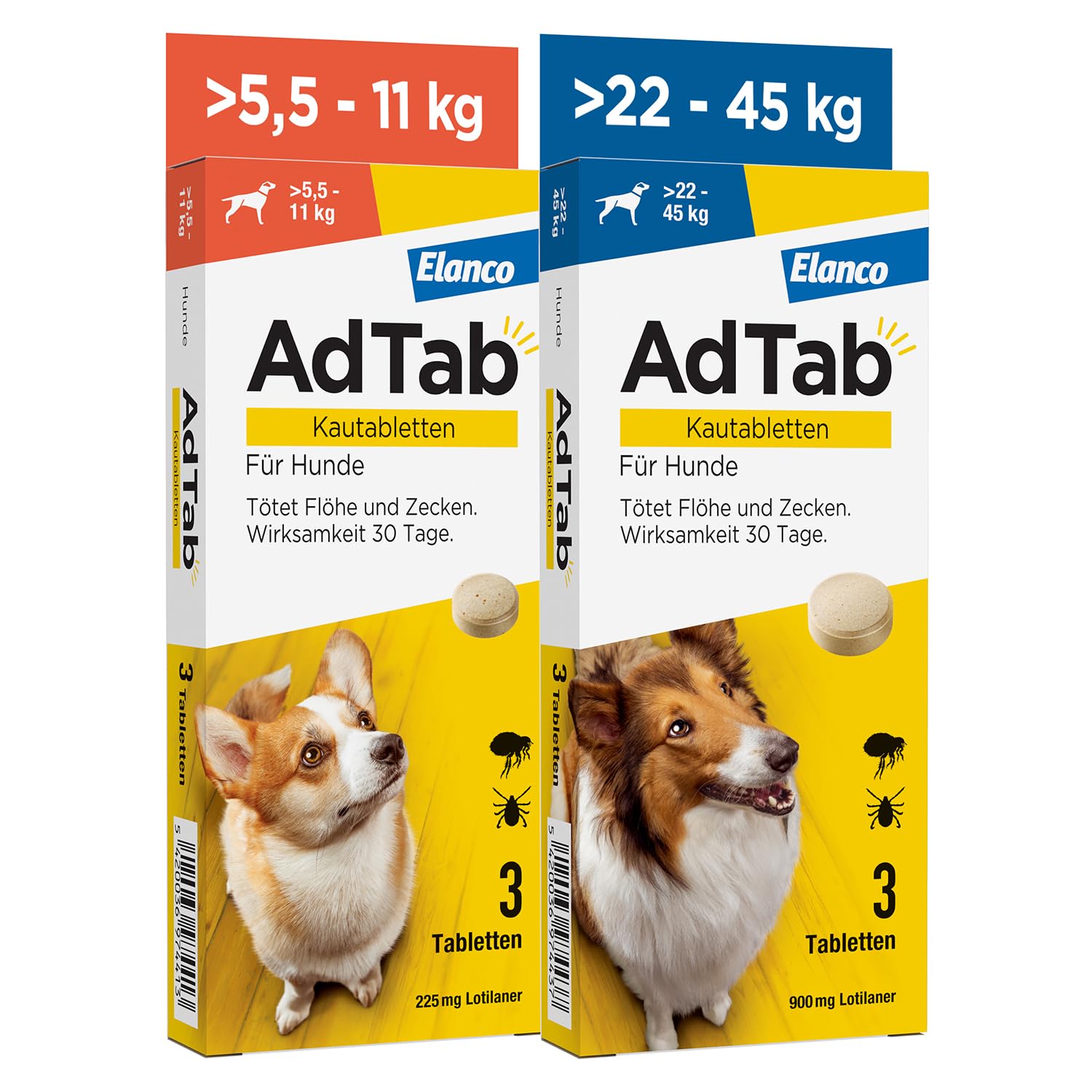 AdTab Kombi-Set: Zecken- & Flohschutz für 2 Hunde in verschiedenen Größen (>5,5-11 kg & >22-45 kg), 2 Packungen mit je 3 Kautabletten, einfach zu verabreichen & schmackhaft