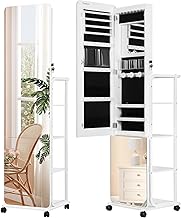 Hzuaneri 360° Armoire Jewelry, Wider and Taller Frameless Full Length Mirror, with Key Standing Jewelry Organizer, White JC16903B