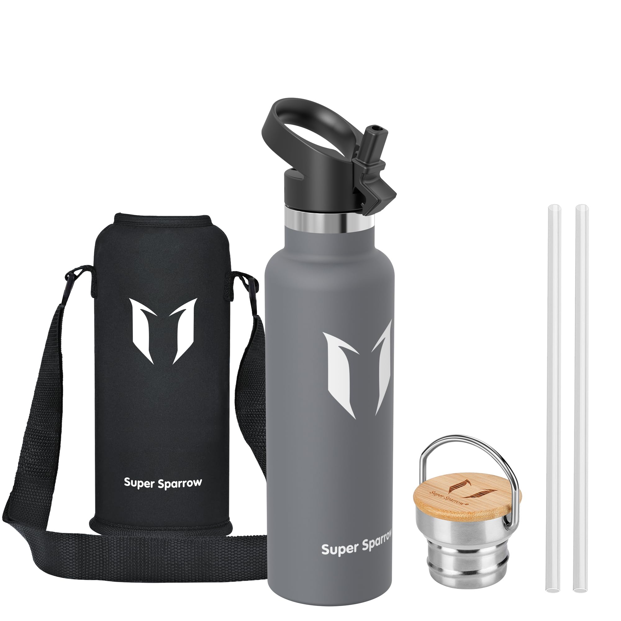 Super Sparrow Trinkflasche Edelstahl - 500ml/750ml/1L - Auslaufsicher Thermoskanne, BPA-Frei Wasserflasche - Thermosflasche Kinder für Sprudel, Sport, Schule, Fitness - Mit 2 Deckeln