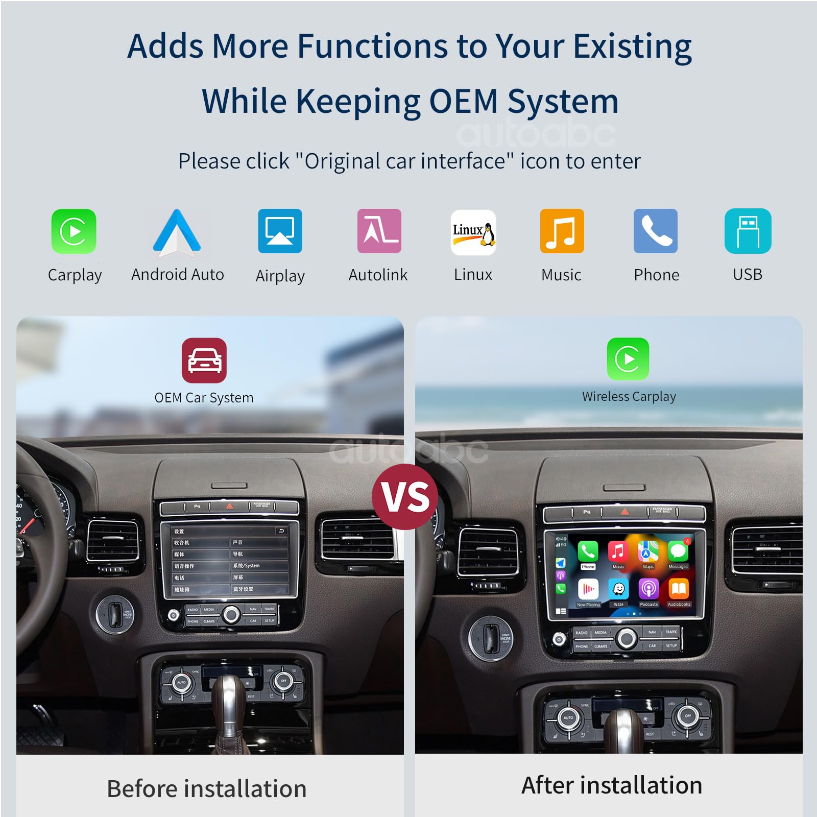 Kabellos Carplay/Android Auto Modifikation Modul für Volkswagen Touareg RNS850 2011-2018 Unterstützung Mirrorlink und OEM Auto Funktionen