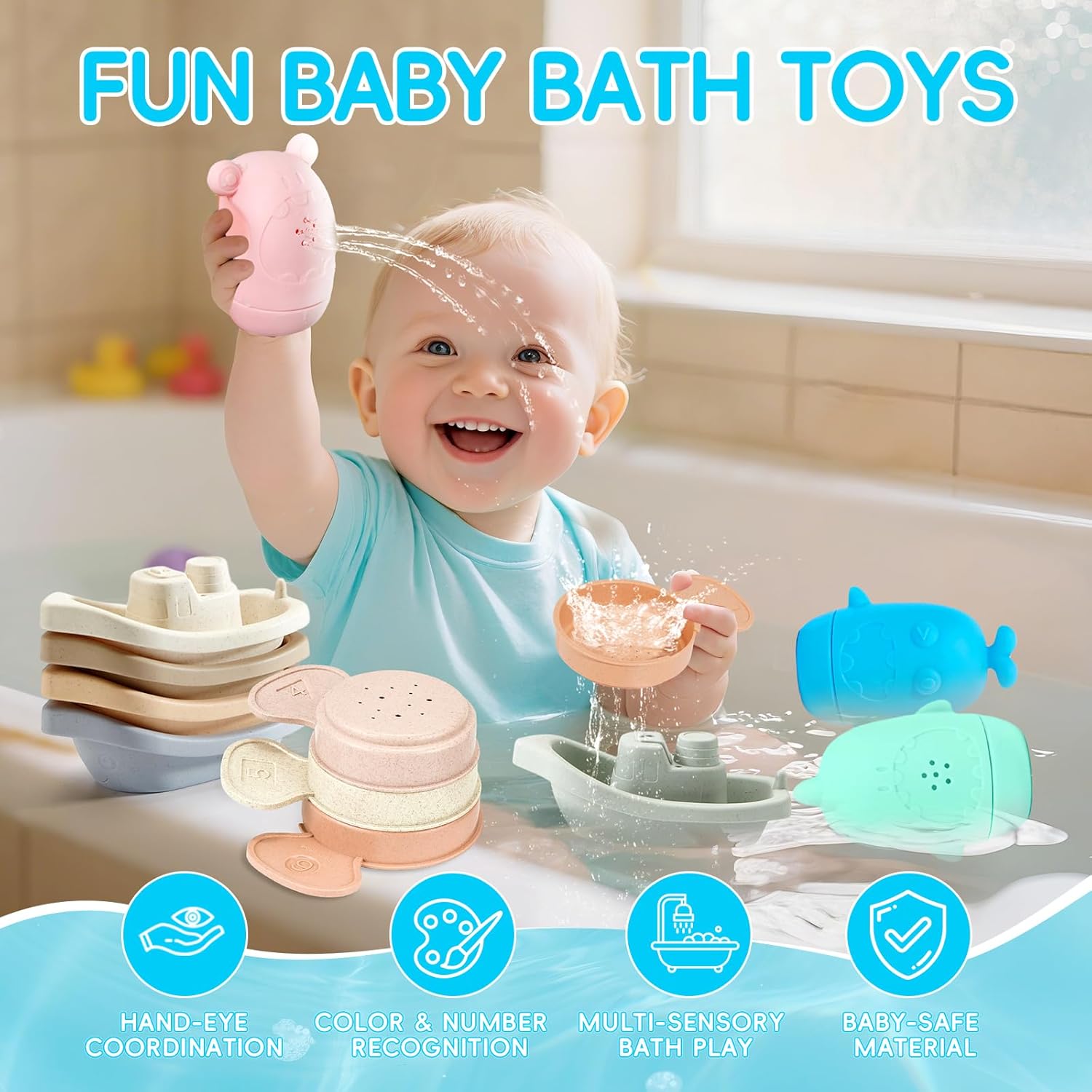 Baby Bath Toys for Kids Ages 1-3, 15 PCS Mold Free Toddler Bath Toys Bathtub Water Toys with Non-Toxic & Easy-Grip Stackable Boats & Spoons, Soft, Squeezable Silicone Bath Toy for Babies 6-12 Months 15PCS Neutral Color Boat & Silicone image 2 of 7 B0DBLMWBQ4
