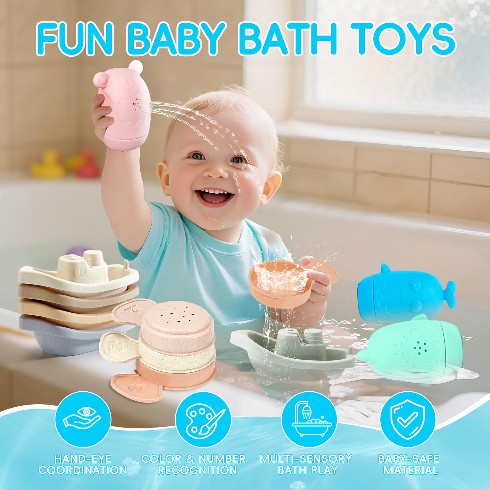 Juguetes de baño para bebés para niños de 1 a 3 años, 15 piezas sin moho, juguetes de baño para tina, juguetes de agua fáciles de limpiar y de fácil agarre, botes y cucharas apilables, juguete de baño 2