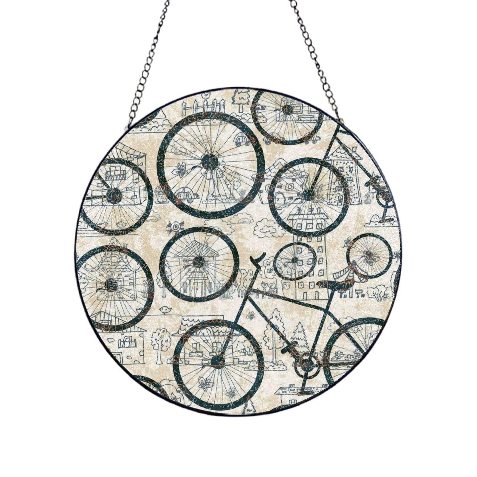 Phayah Bicycle Print Stained Glass Window Hanging Suncatcher For Door Terrace Garden Home Decor Sun Catcher Birthday Gifts For Lovers Dad Mom 12in（30cm）