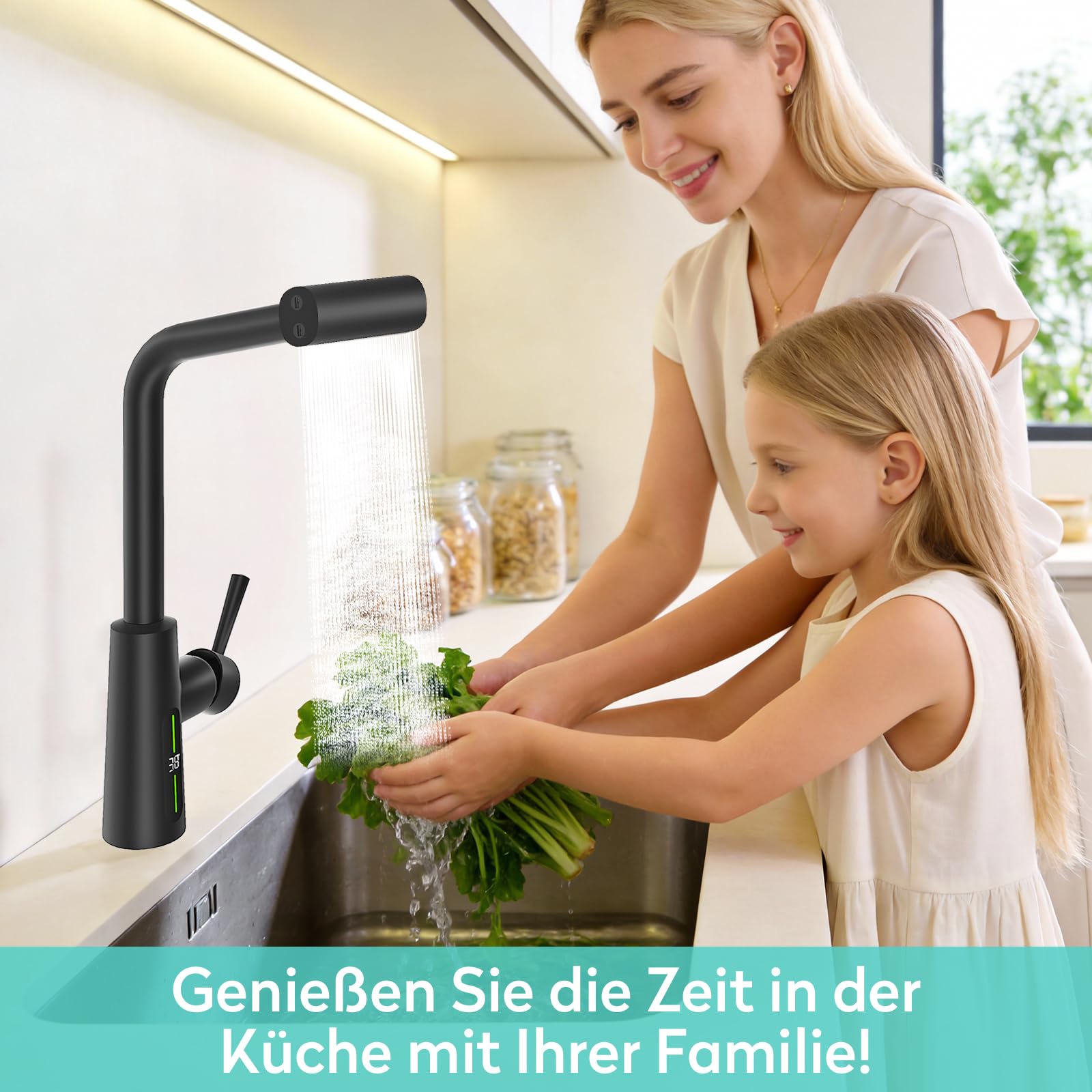 KAIYING Hochdruck Wasserhahn Küche Ausziehbar mit Temperaturanzeige | Batterielos Wasserfall Küchenarmatur Ausziehbar, 360° Schwenkbar Spültischarmatur Küche mit Vier Sprühmodi, Schwarz