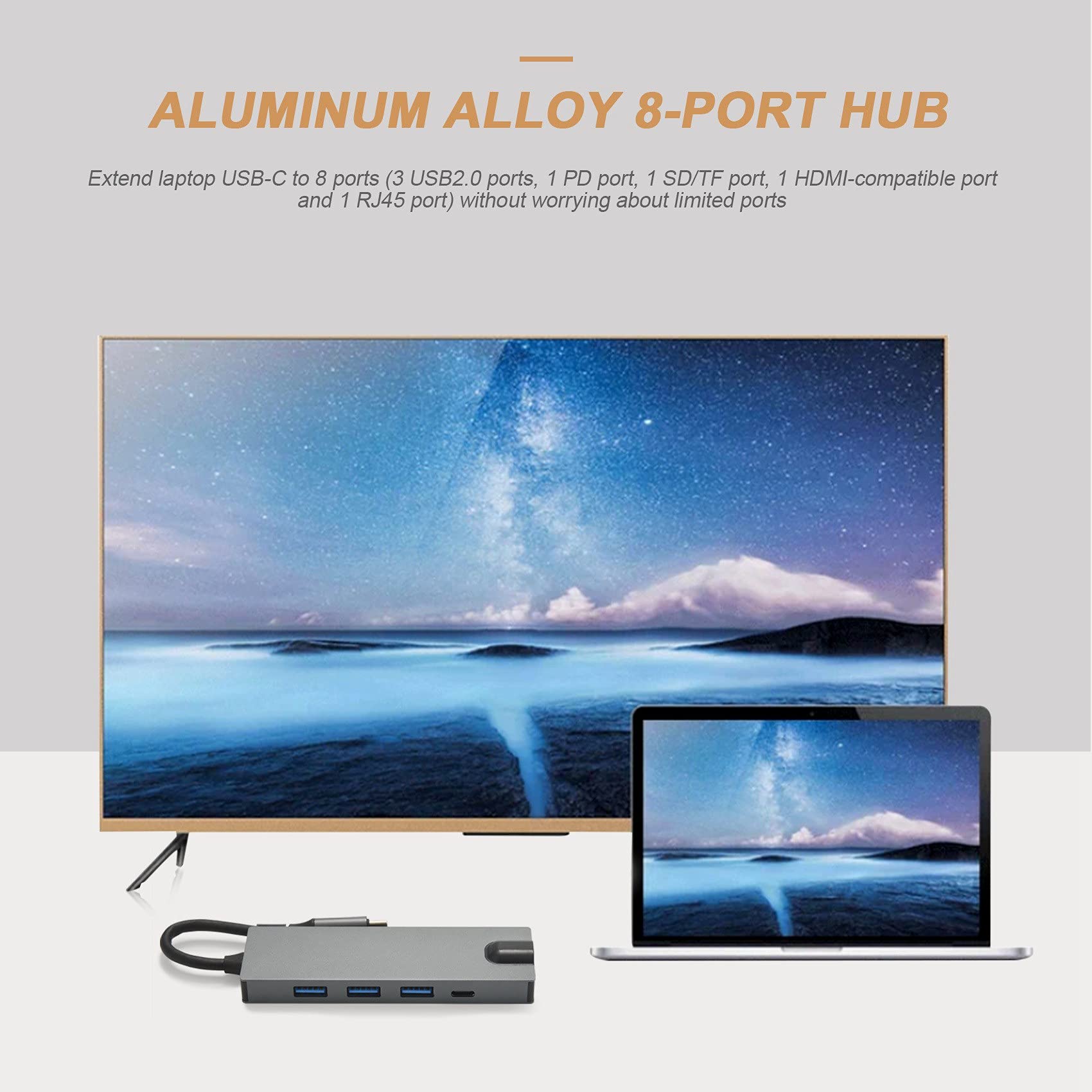 USB C Hub Adattatore multiporta con 3 USB2.0 PD3.0 Ricarica rapida SD/TF -Compatibile RJ45 1000M Docking Station