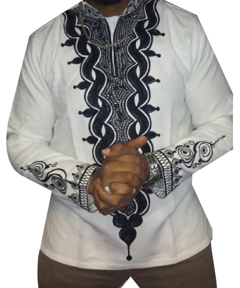 DressU Mens Long Sleeve African DashikiTribal Loose Pullover T Shirt White XL