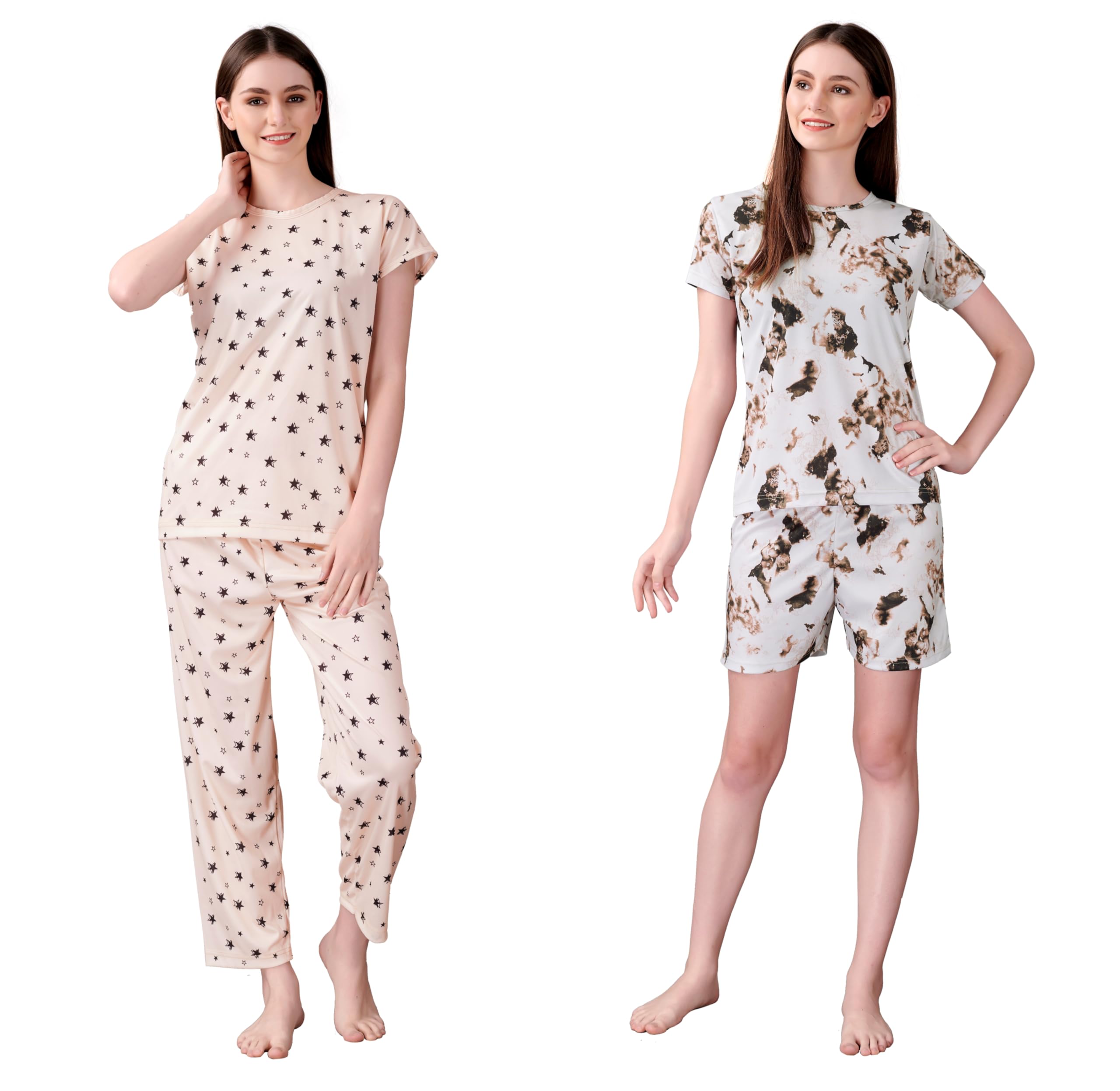 Vivaro Polyester Printed Solid Regular Top Short Sleeves Round Neck Everyday Latest Night Dress Combo for Womens Multicolor | T-Set 04 & FNC 09