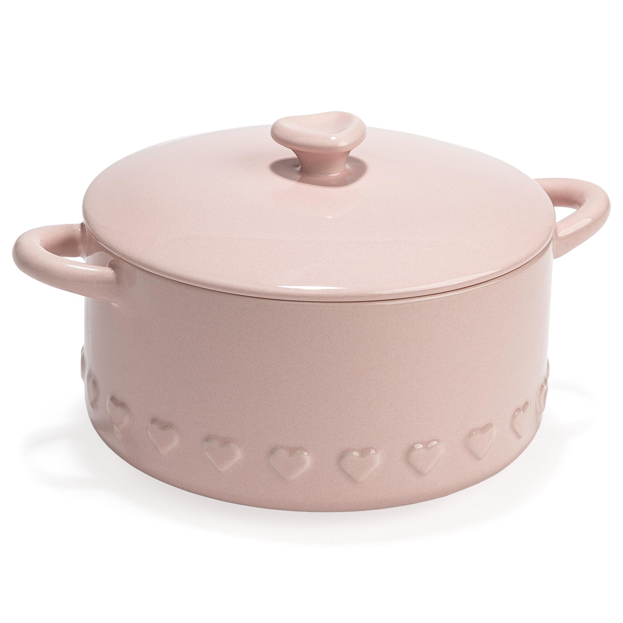Photo 1 of Paris Hilton Iconic Ceramic Stoneware Casserole Dish With Lid, Oven Safe Up To 450°F, Dishwasher & Microwave Safe, 28oz, Pink with Embossed Heart Design