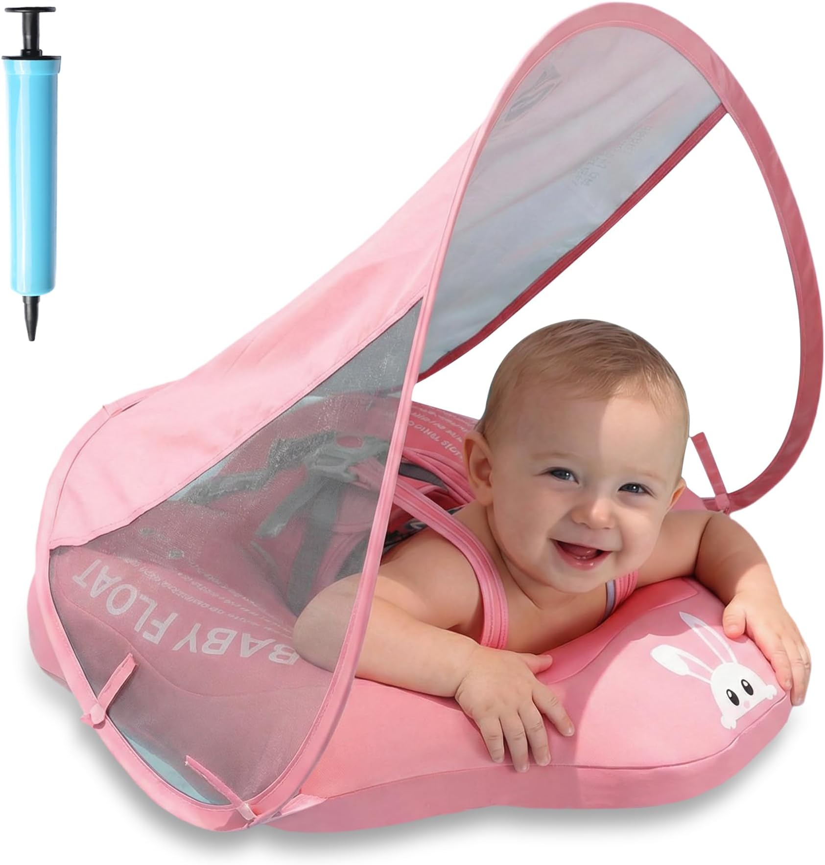 Baby Pool Float with Canopy UPF50+ Sun Protection, Soft Fabric-Covered Baby Floats with Safety Seat, No Flip Over Baby floatie for Age 6-36 Months, Infant Pool Float for Toddler (Pink)