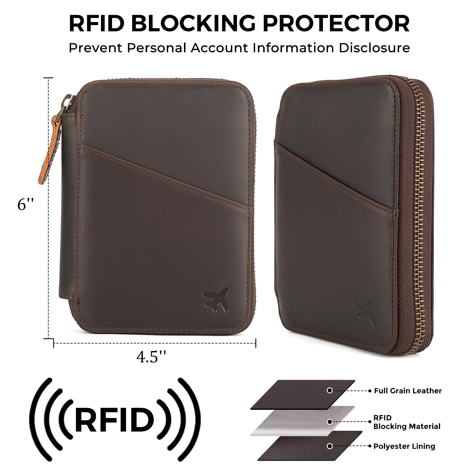 Polare Reisepasshülle aus Leder, RFID-blockierend, dreifach faltbar, Dokumenten-Organizer für Luftfahrt-Profis, Dunkelbraun (YKK-Reißverschluss-Version), Pilotengeldbörse aus Leder