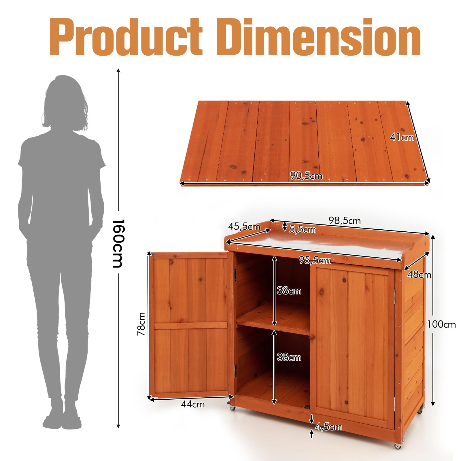 HOMASIS Armoire de jardin d'extérieur en bois résistant aux intempéries avec plan de travail, armoire à outils avec roulettes et étagère amovible, table pour terrasse, jardin, balcon, 98,5 x 48 x 100