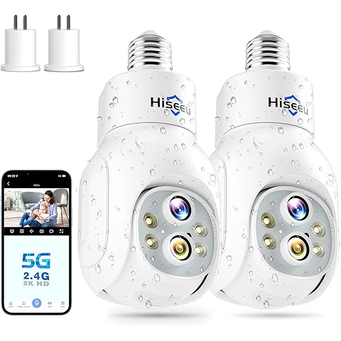 Hiseeu Dual Lens Light Bulb Security Camera Wireless WiFi 2.4GHz,10X Zoom PTZ Light Socket Security Camera Waterproof, 2-Way-Audio, Auto Tracking & Alarm, Color Night Vision, SD & Cloud Storage (2Pcs)
