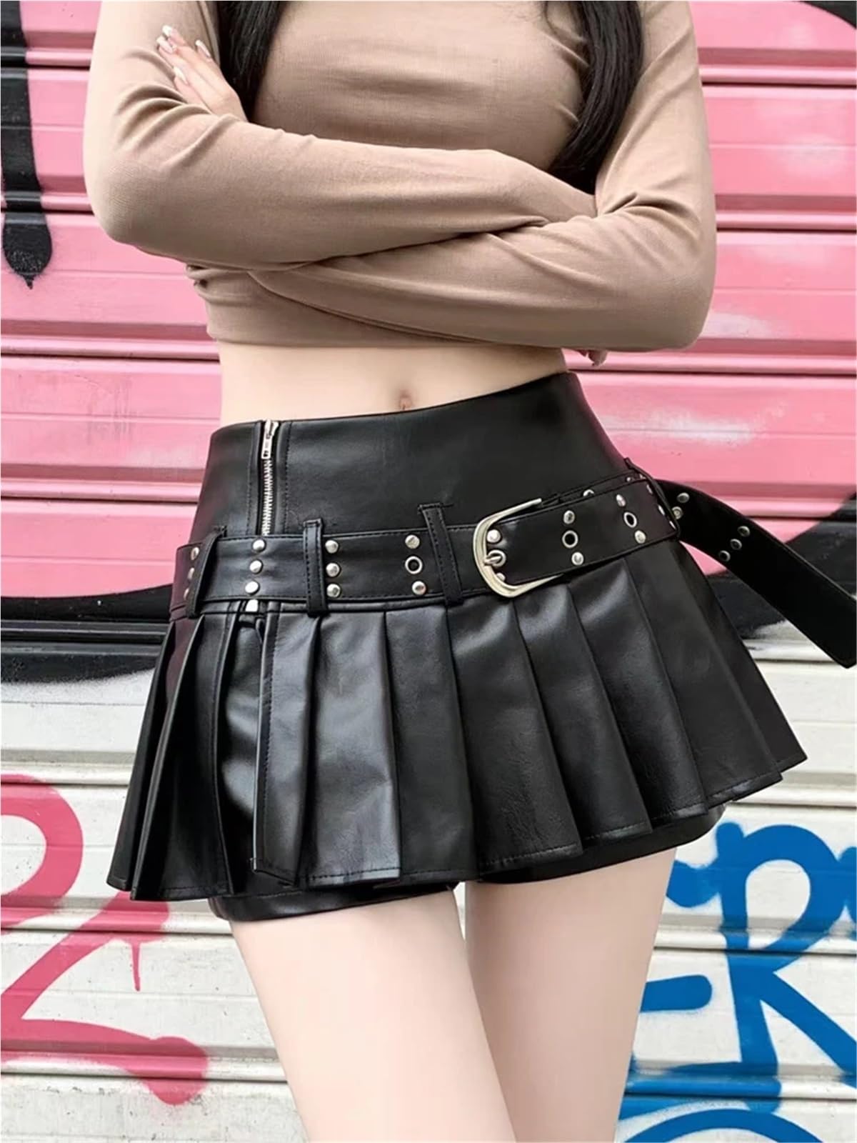 Falda De Cuero para Mujer Falda de Cuero Plisada una línea for Mujer Mini Faldas Cortas para Mujer