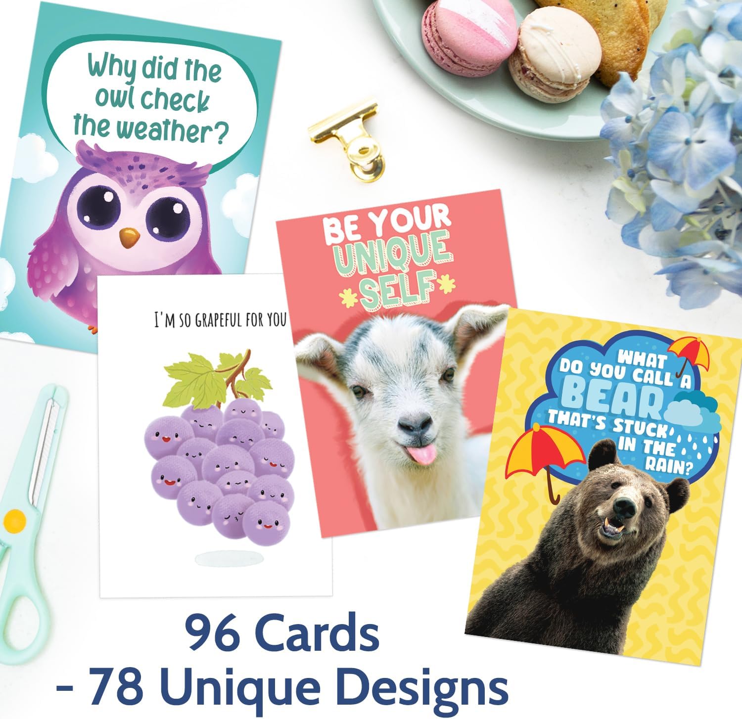 T MARIE 96 Funny Animal and Punny Notecard Set with Envelopes and Stickers - 4.5 x 6.25” Bulk Pack - Cute and Colorful Blank Thinking of You Notecards Ideal for Kids, Family, Friends, Teachers, Studen