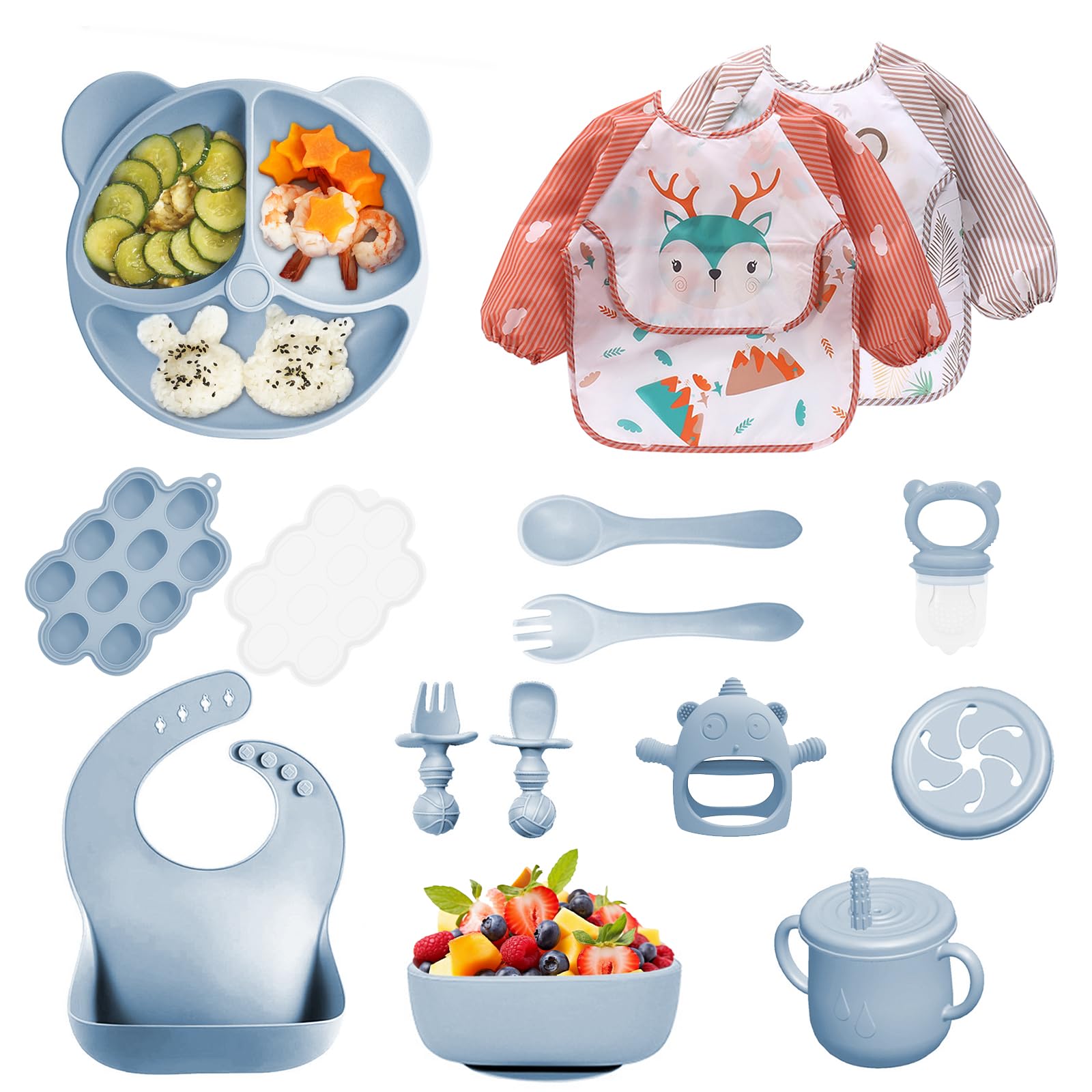14 Stücke Silikon Baby Geschirrset, Kindergeschirr Baby-Teller Rutschfest mit Saugnapf, Schüssel, Lätzchen, löffel, Gabel, Trinklernbecher, Fruchtsauger Set, Baby Led Weaning Besteck Set (Blau)